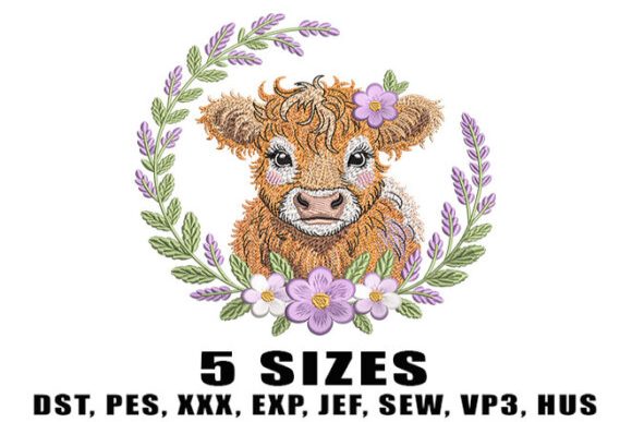 Curly Highland Cow with Floral Wreath Embroidery Design