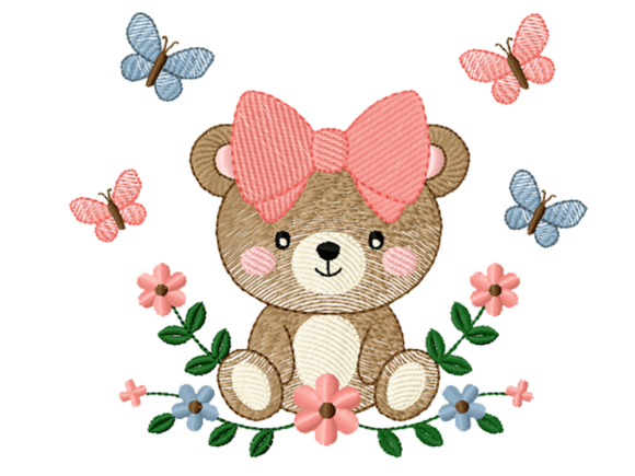 Cute Bear with Bow and Butterflies Baby Embroidery Design
