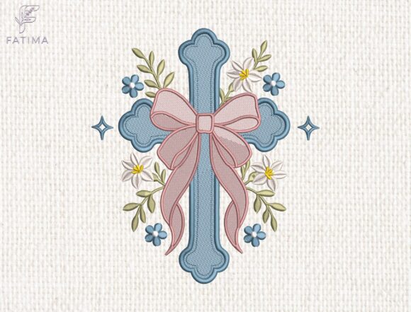 Floral Cross Embroidery Design with Pink Ribbon Bow