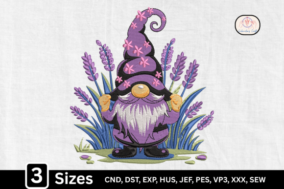 Cute Floral Lavender Purple Gnome Embroidery Design
