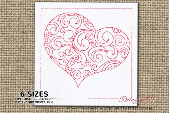 Heart with Swirl Pattern Redwork Embroidery Design
