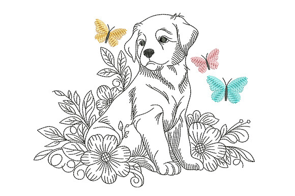 Puppy with Butterflies and Floral Embroidery Design