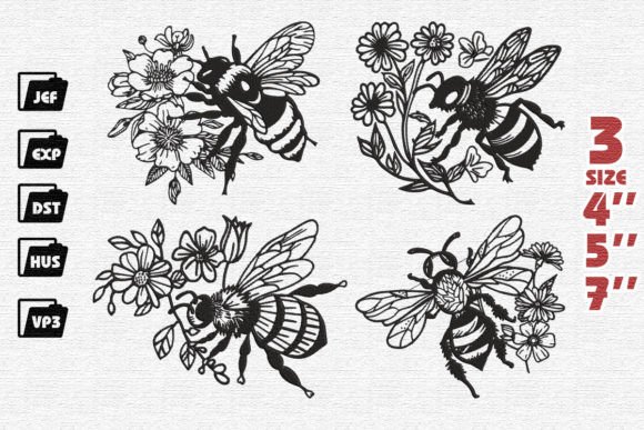 Set of 4 Bee with Flowers Embroidery