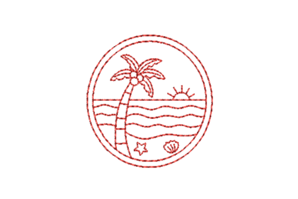Tropical Beach Outline Redwork Embroidery Design