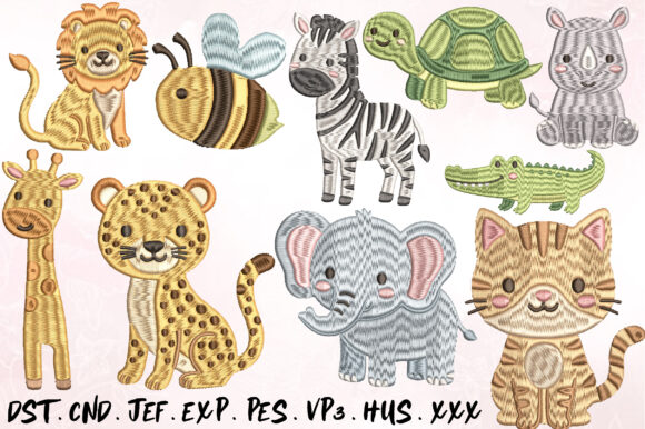 10 Cute Safari Animals Embroidery Bundle