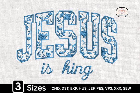 Blue Toile Floral Jesus Is King Embroidery Design