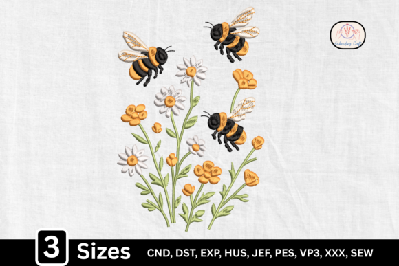 Botanical Wildflower Honey Bee Embroidery Design