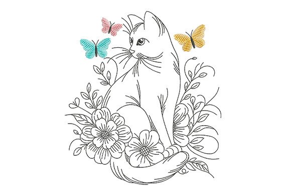 Cat Floral with Butterflies Embroidery Design