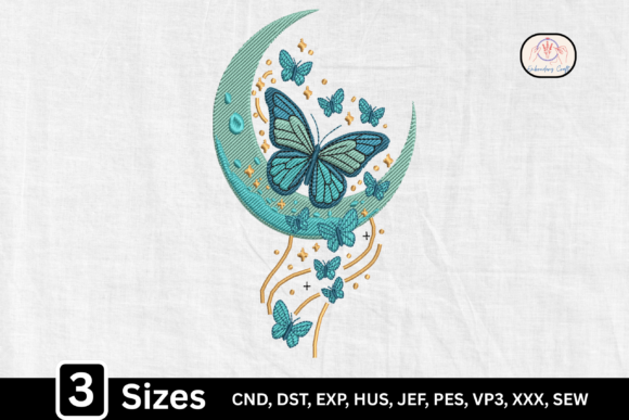 Celestial Crescent Moon Flora Butterfly Embroidery