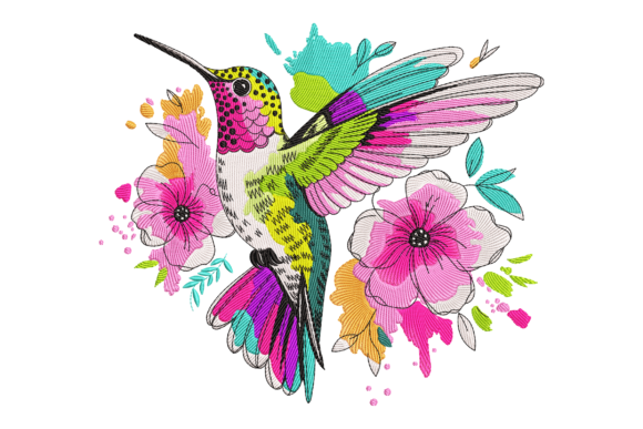 Colorful Hummingbird Splash Machine Embroidery Design