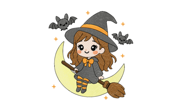 Cute Halloween Witch on Moon Embroidery Design