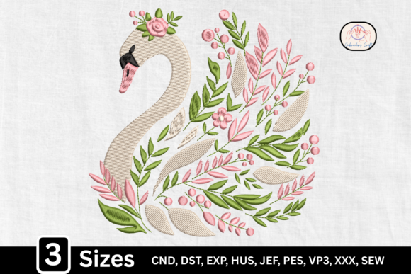 Elegant Bird Pink Floral Swan Embroidery Design
