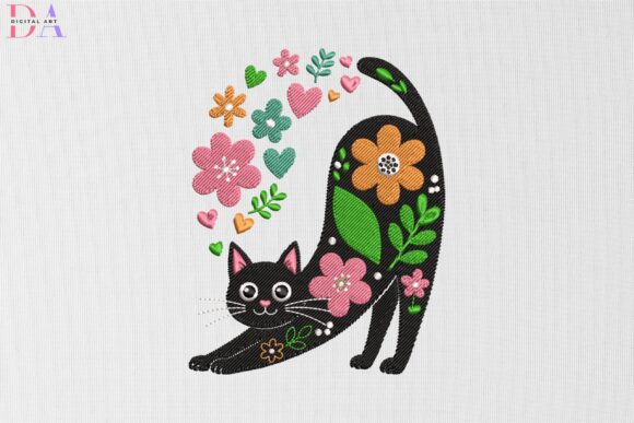 Floral Black Cat Stretch Embroidery Design