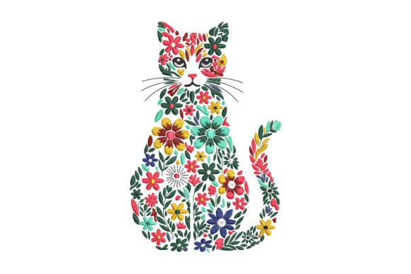 Floral Cat Embroidery Design