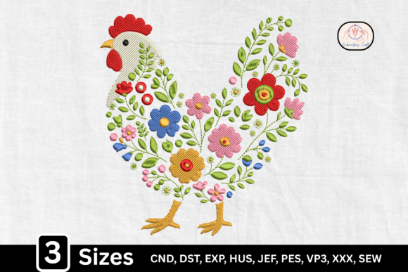 Folk Art Floral Chicken Embroidery Design
