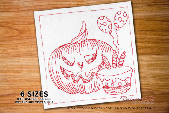 Halloween Pumpkin with Cake Redwork Embroidery Design