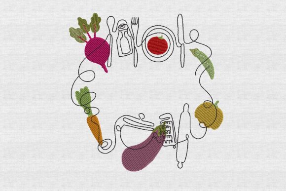 Kitchen Sketch with Vegetables Line Art Embroidery Design