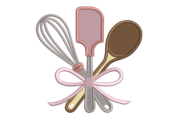 Kitchen Utensils with Pink Bow Embroidery Design