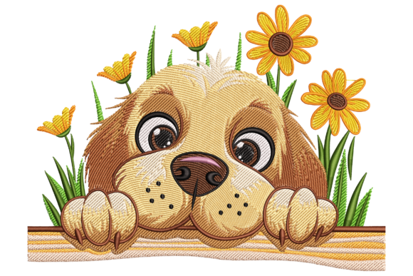 Peekaboo Puppy with Flowers Embroidery Design