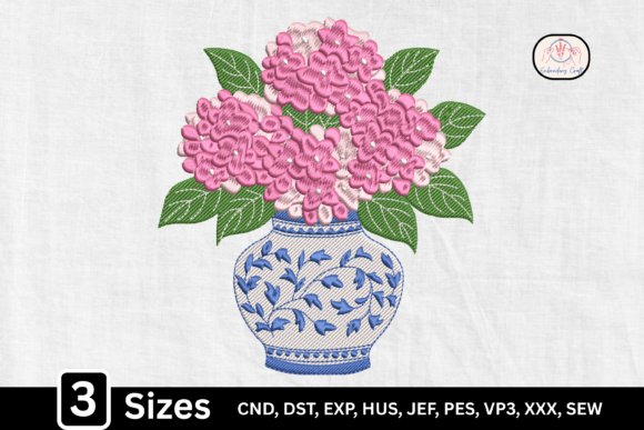 Pink Floral Bouquet Hydrangea Vase Embroidery Design