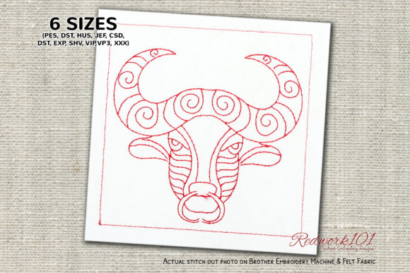 Taurus Zodiac Sign Redwork Embroidery Design
