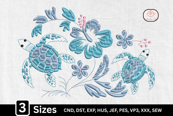 Tropical Summer Hibiscus Turtle Embroidery