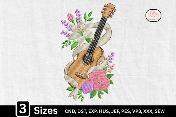 Vintage Music Floral Guitar Embroidery Design