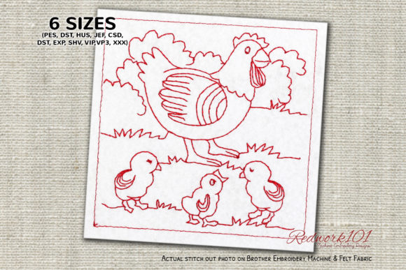 Hen with Chicken in the Field Redwork Embroidery Design