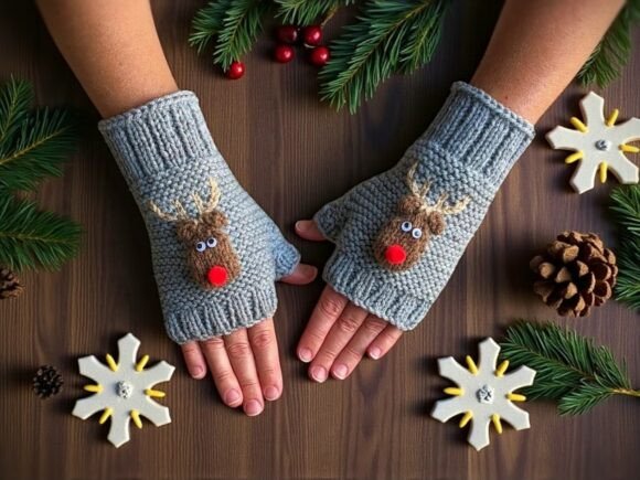 Christmas Reindeer Fingerless Gloves Knitting Pattern