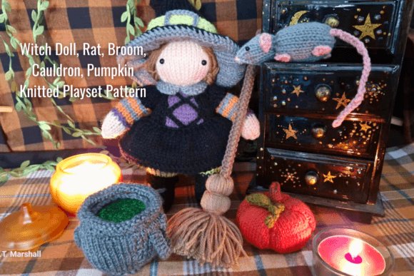 Witch, Rat, Broom, Cauldron, Pumpkin Knitting Pattern